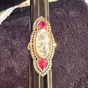 Rarities by Carol Brodie Ruby & Rainbow Moonstone Double Halo Ring (925 Vermeil)